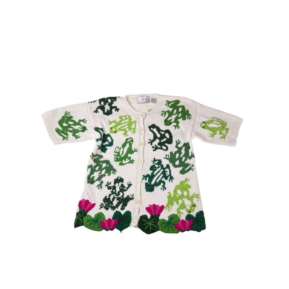Design Options By Philip & Jane Gordon Women Short Sleeve White Green Frogs Sz S